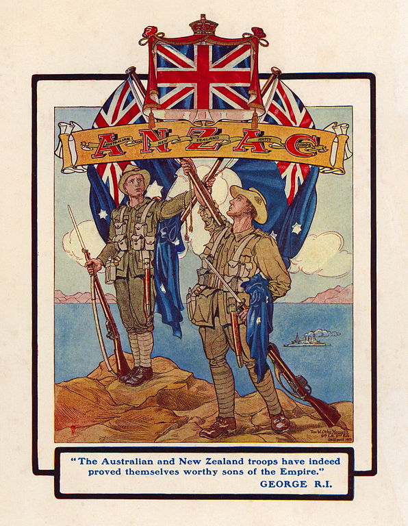 A New Zealand soldier stands on the left, with an Australian soldier on the right. They are holding the flags of their countries, with a Union Jack displayed above. A banner across the flags reads ‘Australian and New Zealand Army Corps’.