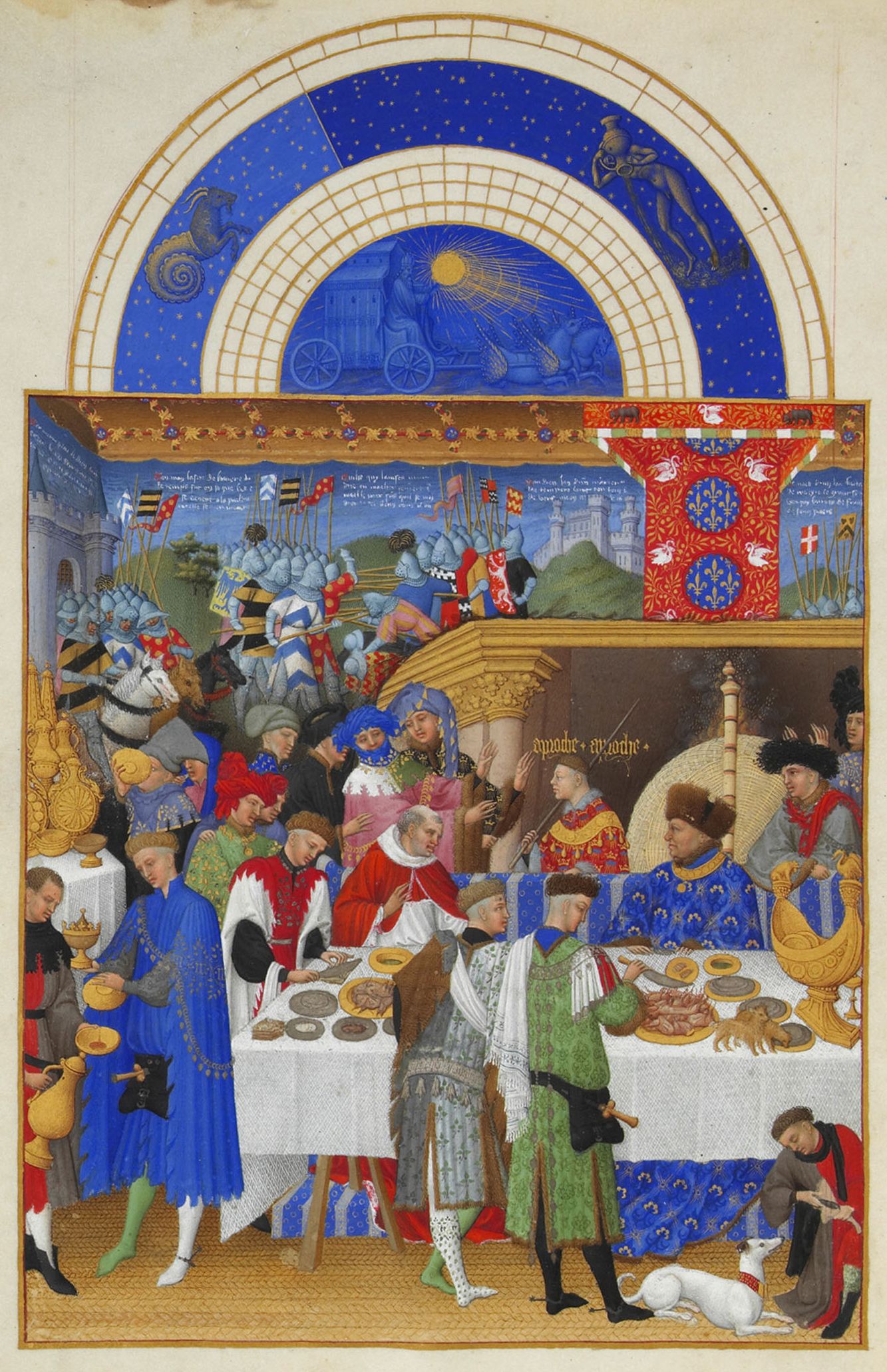 The Très Riches Heures du Duc de Berry (English: The Very Rich Hours of the Duke of Berry) or Très Riches Heures, was created between c. 1412 and 1416 for the extravagant royal bibliophile and patron John, Duke of Berry, by the Limbourg brothers.